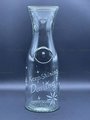 Hand Etched Glass Water Pitcher. Front face reads "Keep shining, Darling!" Retro-style stars etched around design.